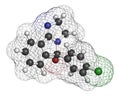 Mazindol appetite suppressant drug molecule. 3D rendering. Atoms are represented as spheres with conventional color coding:.
