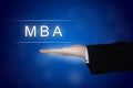 MBA or Master of Business Administration button on blue background