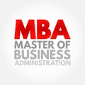 MBA Master of Business Administration - graduate degree that provides theoretical and practical training for business or