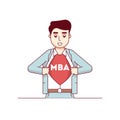 MBA student showing letters on his chest