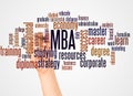 MBA word cloud and hand with marker concept