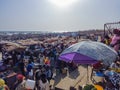 MBour, Senegal- April 25 2019: Unidentified Senegalese men and women at the fish market in the port city near Dakar. There are