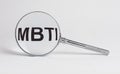 MBTI acronym through magnifying glass. Psychology typology test