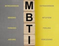 MBTI test and its types, dichotomies concept. Acronym on cubes