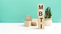 mbti - word is written on wooden cubes on a green background. close-up of wooden elements. In the background is a green