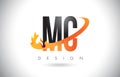 MC M C Letter Logo with Fire Flames Design and Orange Swoosh.