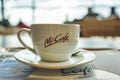 Cup and saucer served on tray as seen at McCafe in Frankfurt am Main Airport