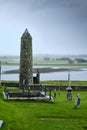 McCarthy's Tower in the medieval monastery of Clonmacnoise, during a rainy summer day