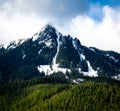 A spring view of McClellan Butte in Washington state with avalanche chutes leading down the flank of the mountain from the peak Royalty Free Stock Photo