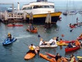 McCovey Cove filled with people on rafts, Kayaks