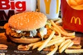 McDonald`s Large Fried Chicken Hamburger Menu + French Fries and Coke Drinks