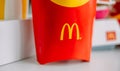 McDonald`s logo on company production boxes. Close up