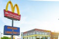 McDonald`s restauraunt sign. The McDonald`s Corporation is the world`s largest chain of hamburger fast food restaurants.