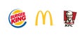 McDonalds, KFC, Burger King. Cafe icon. McDonalds logo. KFC symbol. Burger King vector icon.