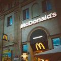 McDonalds restaurant sign. McDonald's Corporation is the world's largest chain of hamburger fast food restaurants