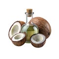 MCT oil bottle, open coconuts Royalty Free Stock Photo