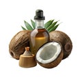 MCT oil bottle, open coconuts Royalty Free Stock Photo