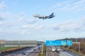 MD-11 Lufthansa cargo airlines. Germany, Frankfurt am main airport, view highway autobahn. 14 December 2019