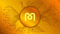 Mdex MDX cryptocurrency token symbol of the DeFi project in circle with PCB tracks on gold background.