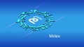 Mdex MDX isometric token symbol of the DeFi project in digital circle on blue background.