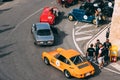 Mdina, Malta - 2016.10.08: Malta Classic Grand Prix, yellow Porsche 911s, red Triumph