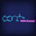 MDMA ecstasy glow neon style concept chemical formula icon label, text font vector illustration, isolated on wall background. Royalty Free Stock Photo