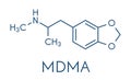 MDMA XTC, E, ecstasy party drug molecule. Full chemical name is 3,4-methylenedioxymethamphetamine. Skeletal formula.