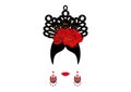 Vector Portrait of traditional Latin or Spanish woman dancer , Lady with traditional accessories peineta, earrings and red flower