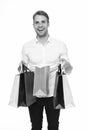 Is it for me. Guy satisfied got bag gift. Man happy received package gift isolated white. Birthday delivery. Guy Royalty Free Stock Photo