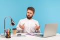 This is me! Self confident successful man employee sitting office workplace with laptop on desk, pointing himself and boasting