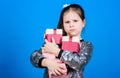 Only for me. Special happens every day. Girl with gift boxes blue background. Black friday. Shopping day. Child carry Royalty Free Stock Photo