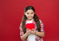 Me To You. Girl Cute Child Hold Heart Symbol Love. Celebrate Valentines Day. Love And Romantic Feelings Concept. Red