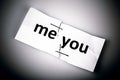 me you words written on torn and stapled paper Royalty Free Stock Photo