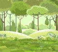 Meadow. Amusing beautiful forest landscape. Cartoon style. Grass hills. glade. Cool romantic pretty. Flat design