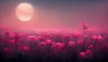 Meadow artwork floral field pink flowers moonlight Royalty Free Stock Photo