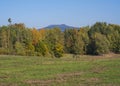 Meadow with autumn colorful forest and trees and hills with lookout tower and blue sky landscape in luzicke hory Royalty Free Stock Photo