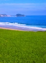 Meadow and beach in the city of Zarautz, with the island San AntÃÂ³n Raton de Getaria Royalty Free Stock Photo