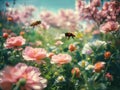 A meadow of blooming field poppies attracting bees and insects