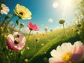 A meadow of blooming wild flowers attracting bees and insects