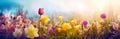 Meadow with blossoming tulip and daffodils on blurred sky in morning at sunrise. Floristic decoration. Natural floral background. Royalty Free Stock Photo