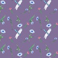 Meadow blue. pink flowers with dragonfly watercolor seamless pattern on dark