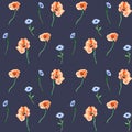 Meadow blue, red flowers watercolor illustration seamless pattern on dark.