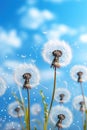 Meadow, blue sky and group of dandelions blowing in the wind