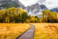 Meadow with boardwalk in Yosemite National Park Valley at autumn Royalty Free Stock Photo