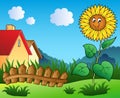 Meadow with cartoon sunflower