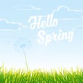 Meadow with cloudy sky and Hello Spring text.