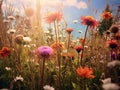 Meadow of colorful flowers in summer, seen from below, wildflowers, vibrant colors, warm tones created with ai Royalty Free Stock Photo