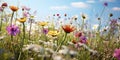 Meadow of colorful flowers in summer, seen from below, wildflowers, vibrant colors, warm tones created with ai Royalty Free Stock Photo