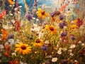 Meadow of colorful flowers in summer, seen from below, wildflowers, vibrant colors, warm tones created with ai Royalty Free Stock Photo