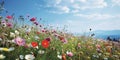 Meadow of colorful flowers in summer, seen from below, wildflowers, vibrant colors, warm tones created with ai Royalty Free Stock Photo